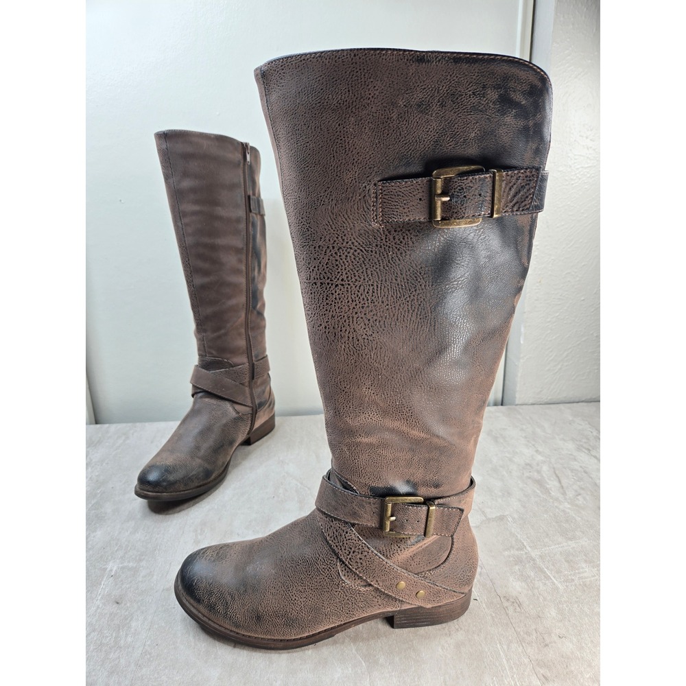 Crown Vintage Knee High Harness Boots Brown Distressed Buckle Riding Tall Moto